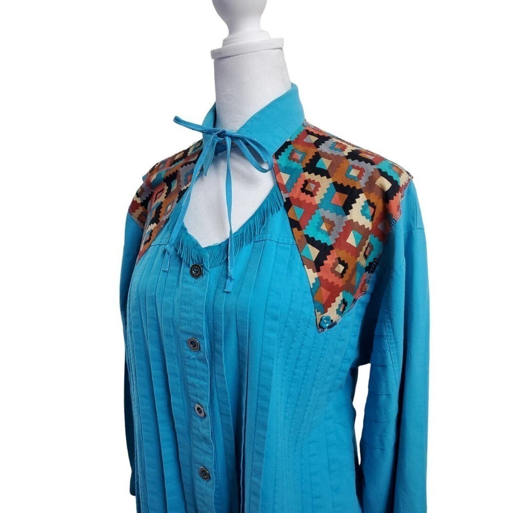 Vintage Together! Western Aztec Blue Button Up Womens Long Sleeve Shirt Rodeo M - Picture 4 of 15